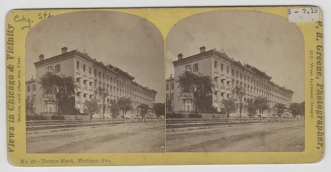 Vista estereográfica de Terrace Block en Michigan Avenue antes del incendio de Chicago de 1871